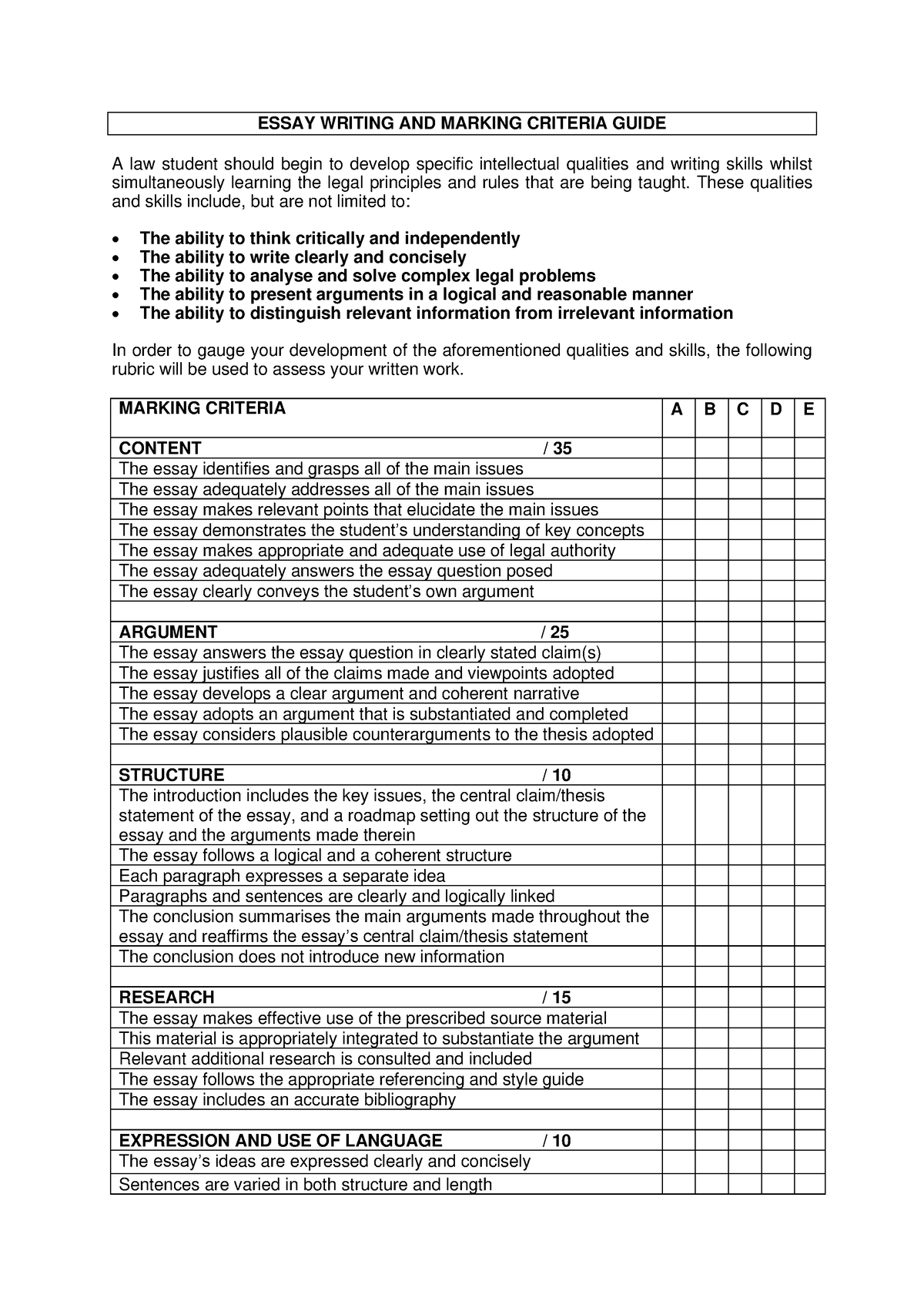 law essay rubric