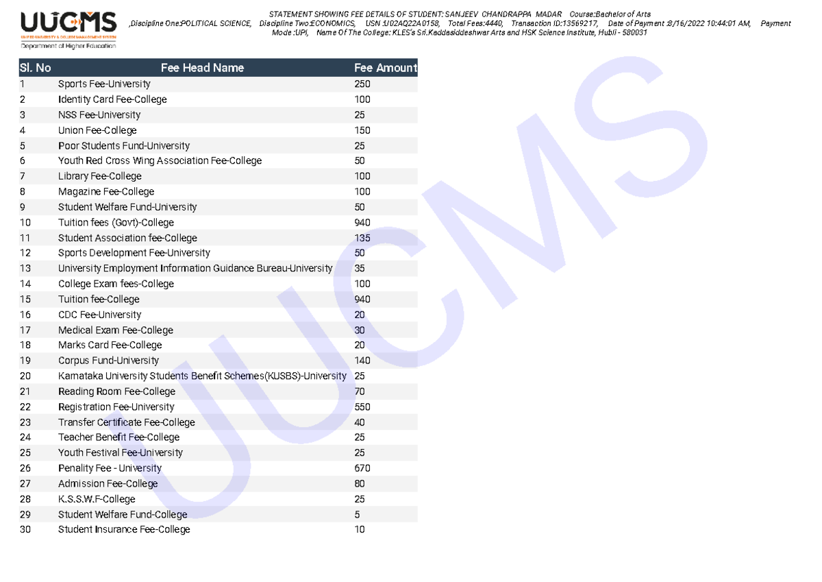 Student Fee Details - Notes - Sl. No Fee Head Name Fee Amount STATEMENT ...