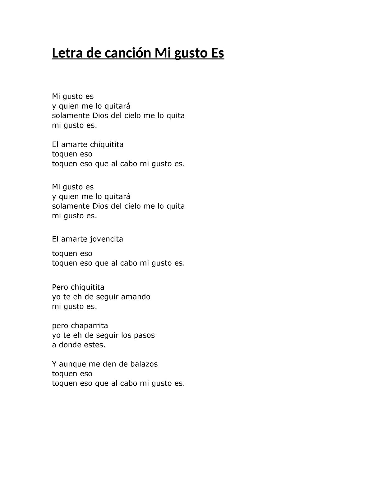 Mi gusto es - letra musical - Letra de canción Mi gusto Es Mi gusto es 