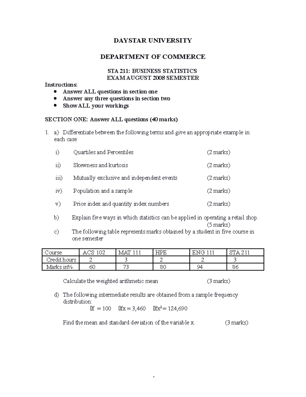 STA 211 Exam August 2008 - DAYSTAR UNIVERSITY DEPARTMENT OF COMMERCE ...