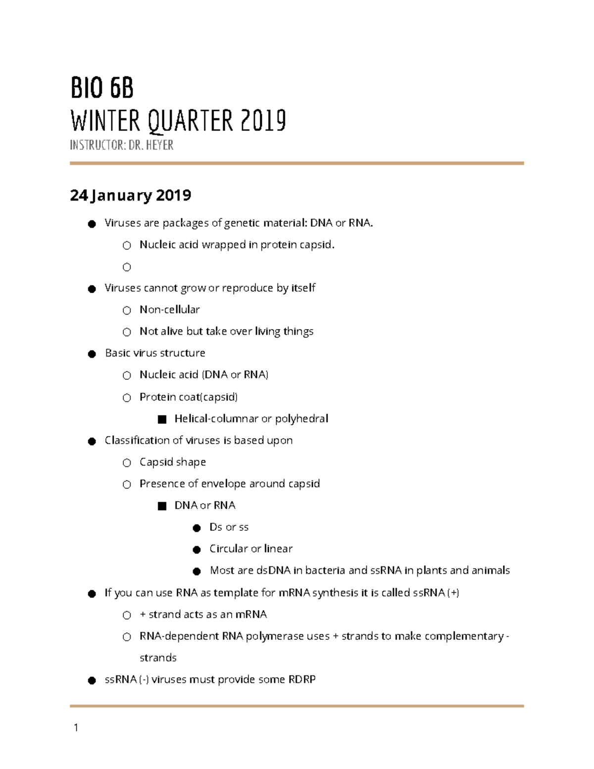 BIO6B Viruses Notes - BIO 6B WINTER QUARTER 2019 INSTRUCTOR: DR. HEYER ...