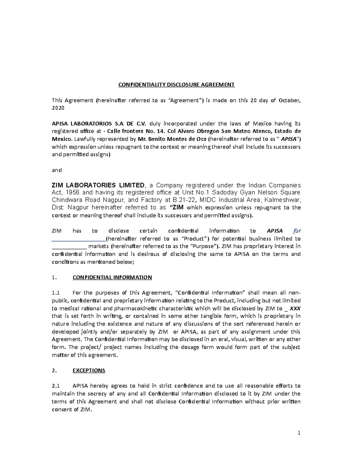 CDA Draft STD ZIM - CONFIDENTIALITY DISCLOSURE AGREEMENT This Agreement ...