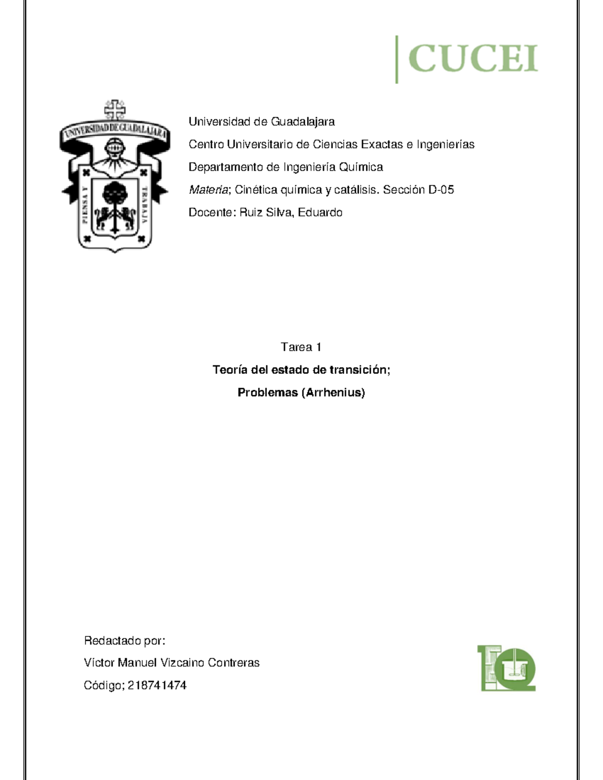 Tarea 1,Teoría del estado de transición Universidad de Guadalajara