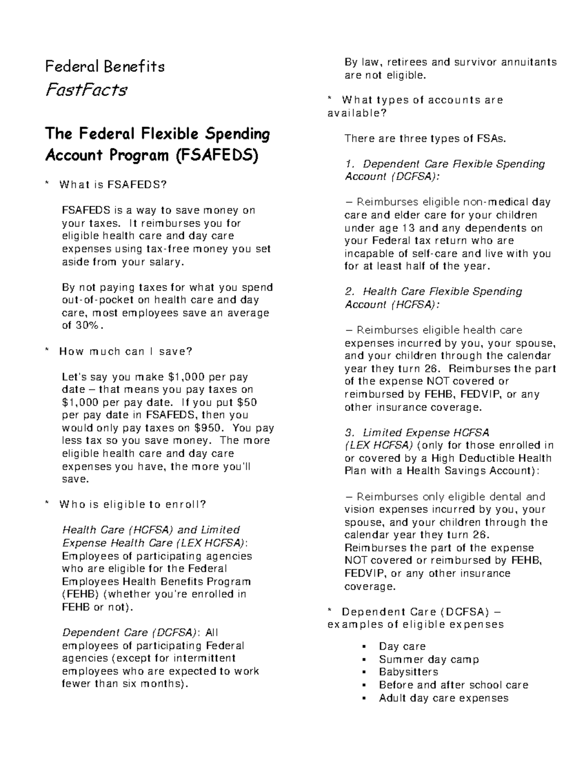 Fsafeds Benefits The Federal Flexible Spending Account Program