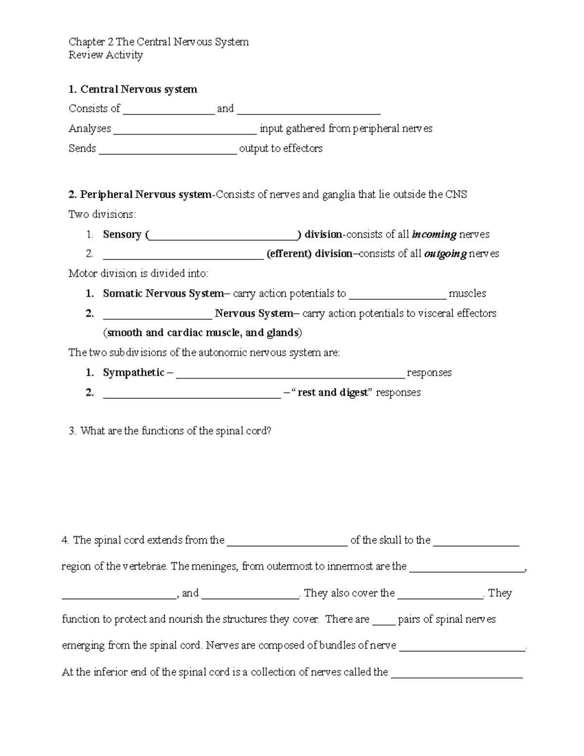 Chapter 3 Central nervous system review - Review Activity 1. Central ...