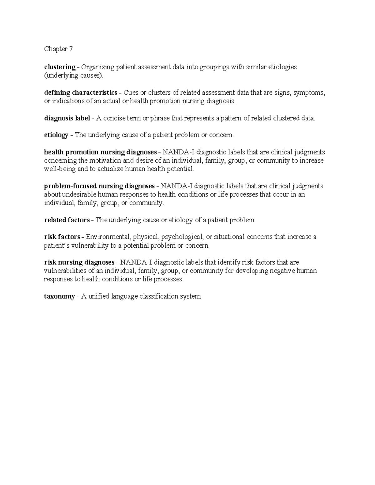 Chapter 7 Nursing Diagnosis - Chapter 7 Clustering - Organizing Patient ...