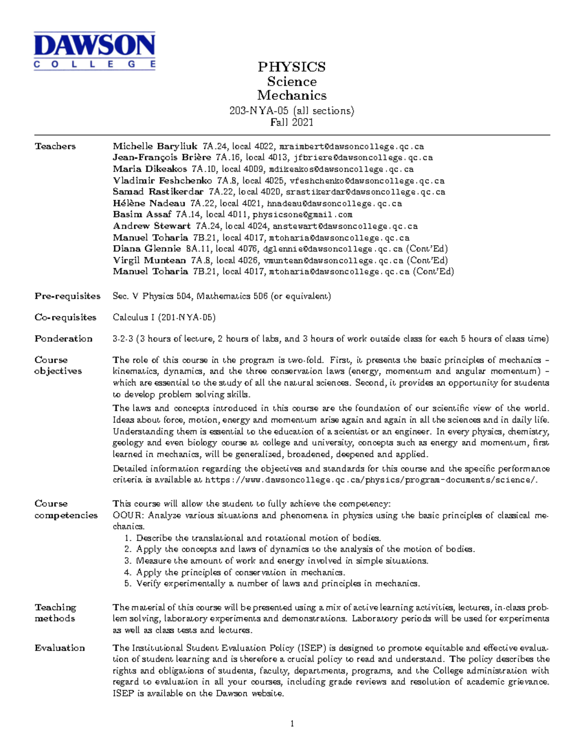 Course Outline 203 NYA 05 12001 Jfbriere F21 PHYSICS Science