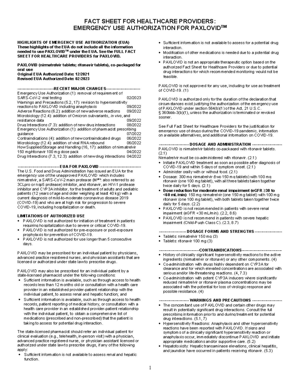 Paxlovid Article 1 FACT SHEET FOR HEALTHCARE PROVIDERS EMERGENCY USE   Thumb 1200 1553 