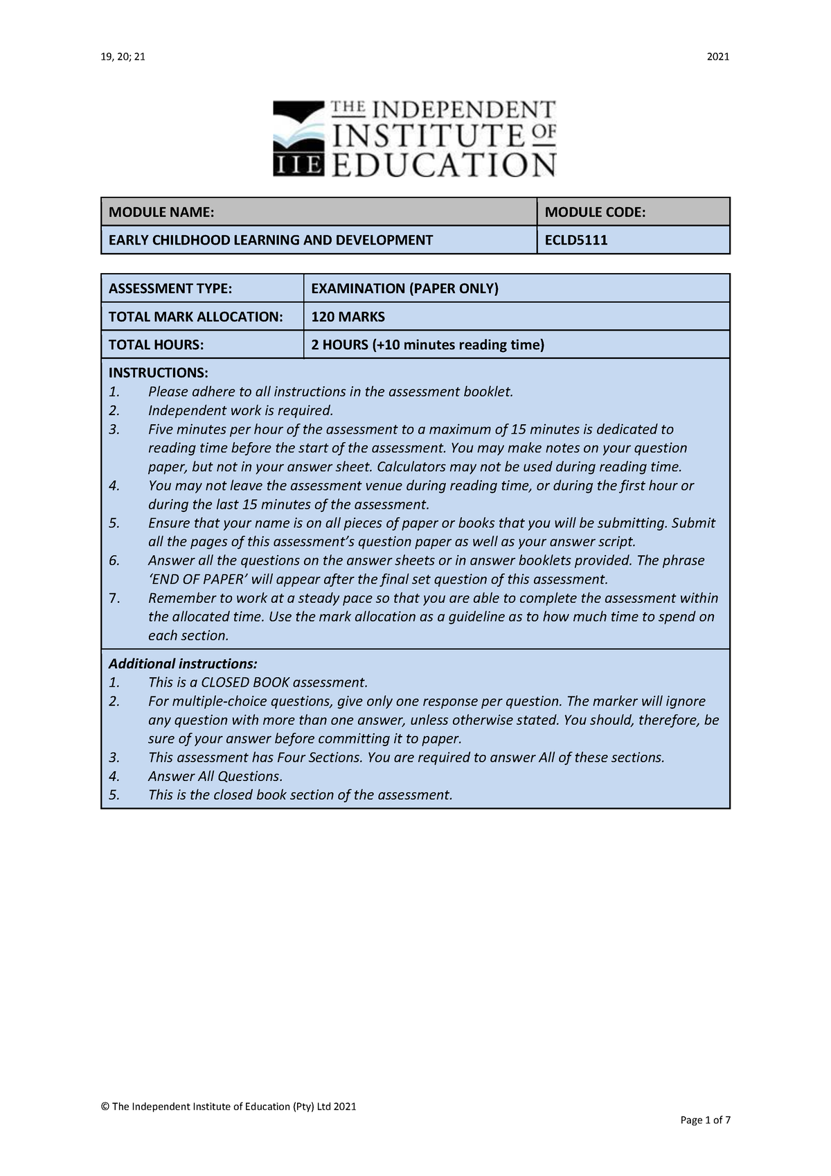 ECLD5111Ec - examination - MODULE NAME: MODULE CODE: EARLY CHILDHOOD ...