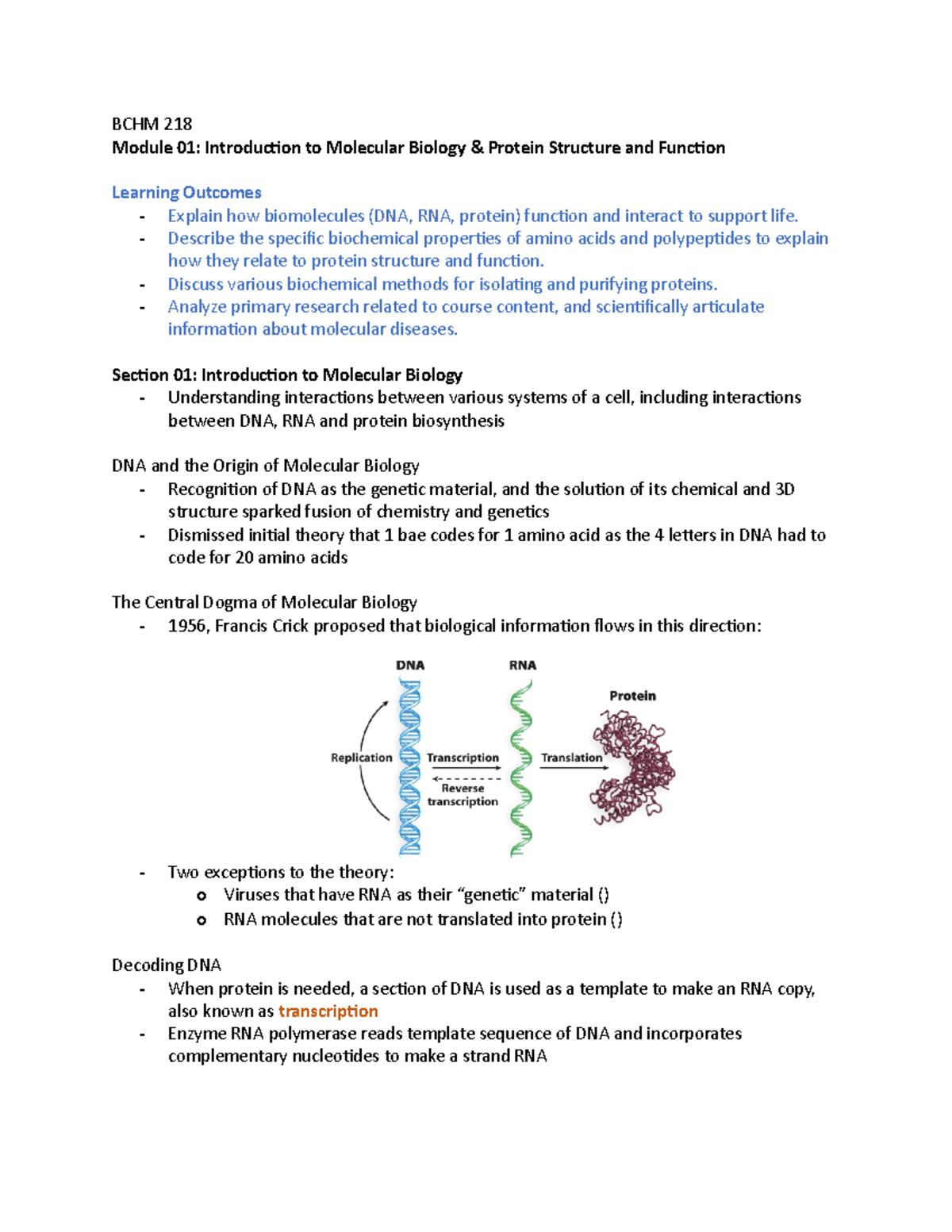 Module 1 - Introduction to Molecular Biology, Protein Structure and ...