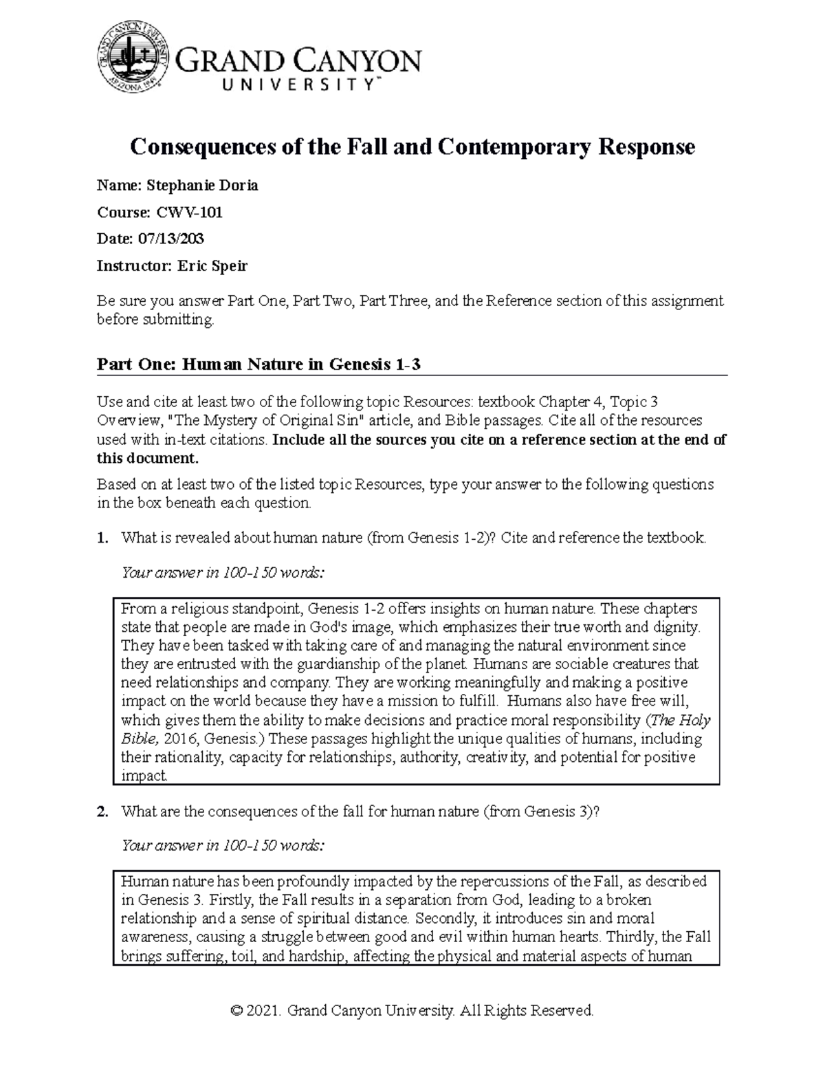 CWV-101 Conseq Of The Fall Contemporary Response - CWV 101 - GCU - Studocu