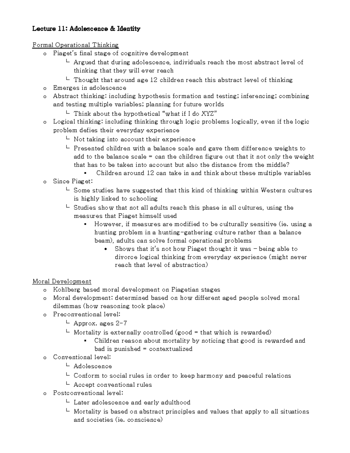 Midterm 2 Adolescence Early Adulthood Notes PSYCO 223 Lectur