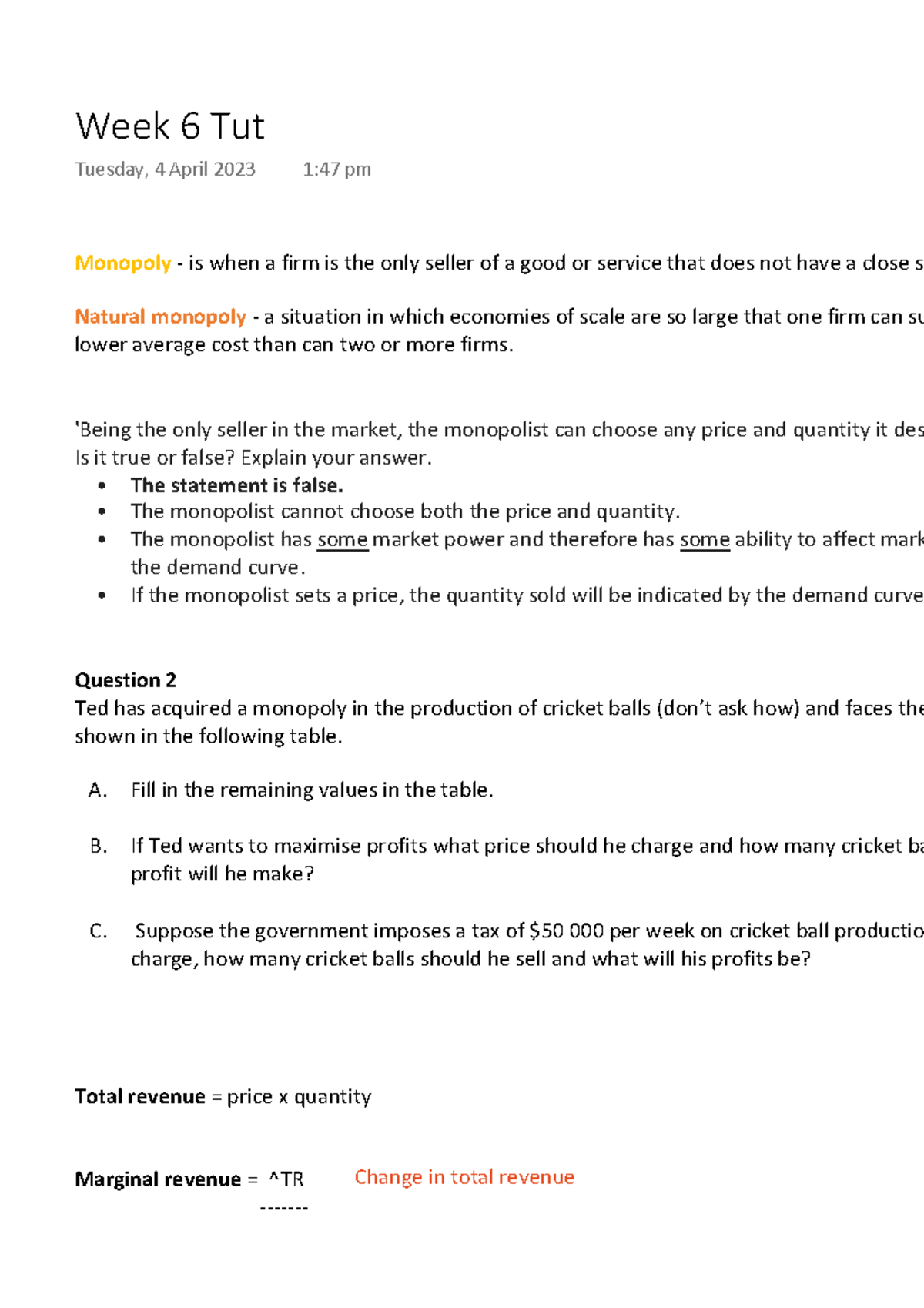 ECON 100 - Lecture Notes - Monopoly - Is When A Firm Is The Only Seller ...