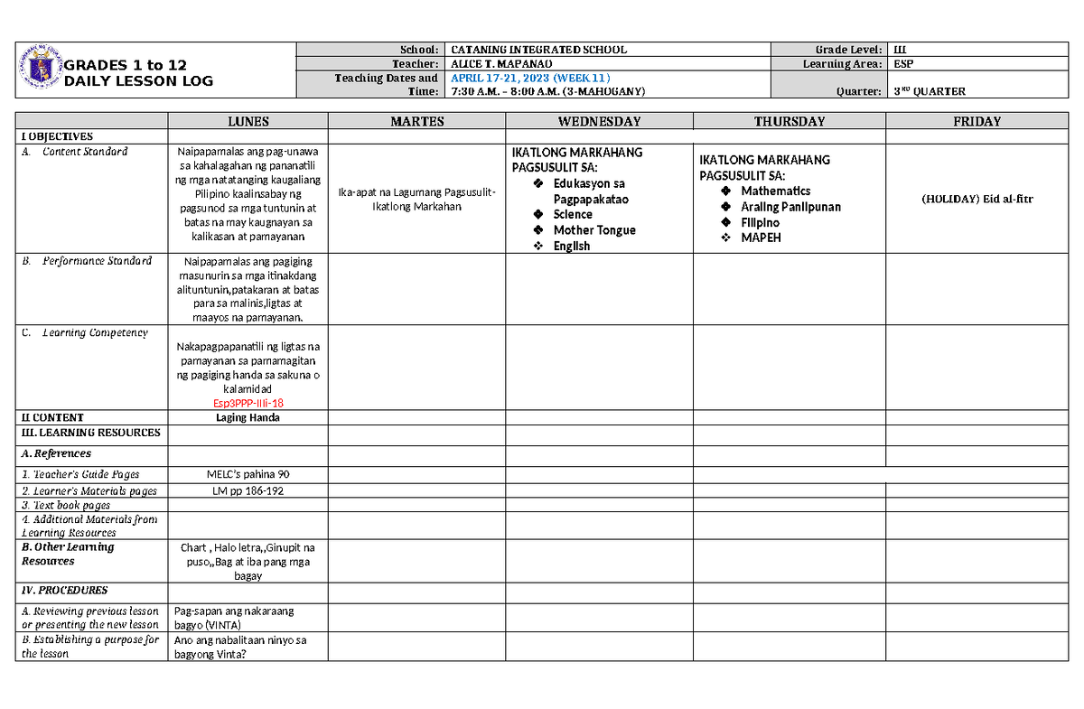 DLL ESP 3 Q3 W11 - DLL - GRADES 1 to 12 DAILY LESSON LOG School ...