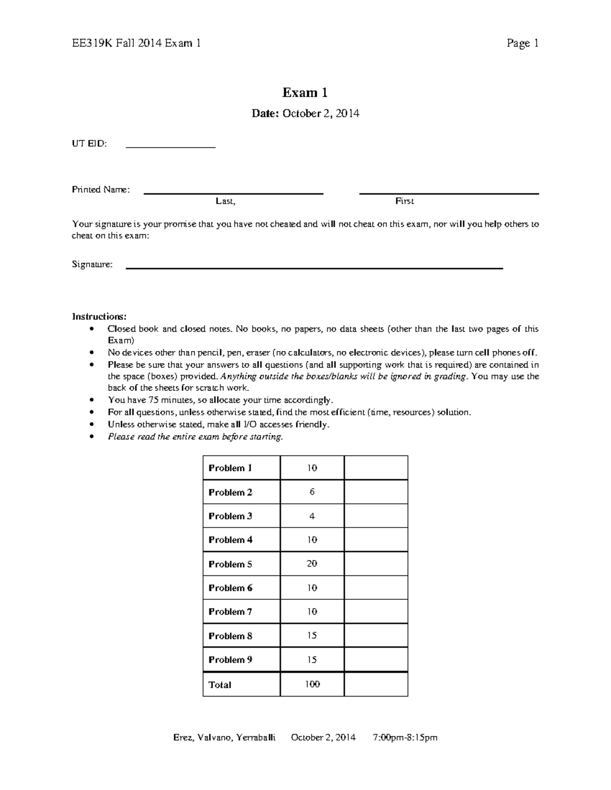 Exam1F14sol - Embedeed system - Exam 1 Date: October 2, 2014 UT EID ...