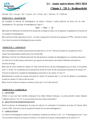 TD3 Chimie 1 Atomistique 2022 2023 - L1 - Année Universitaire 2022 ...