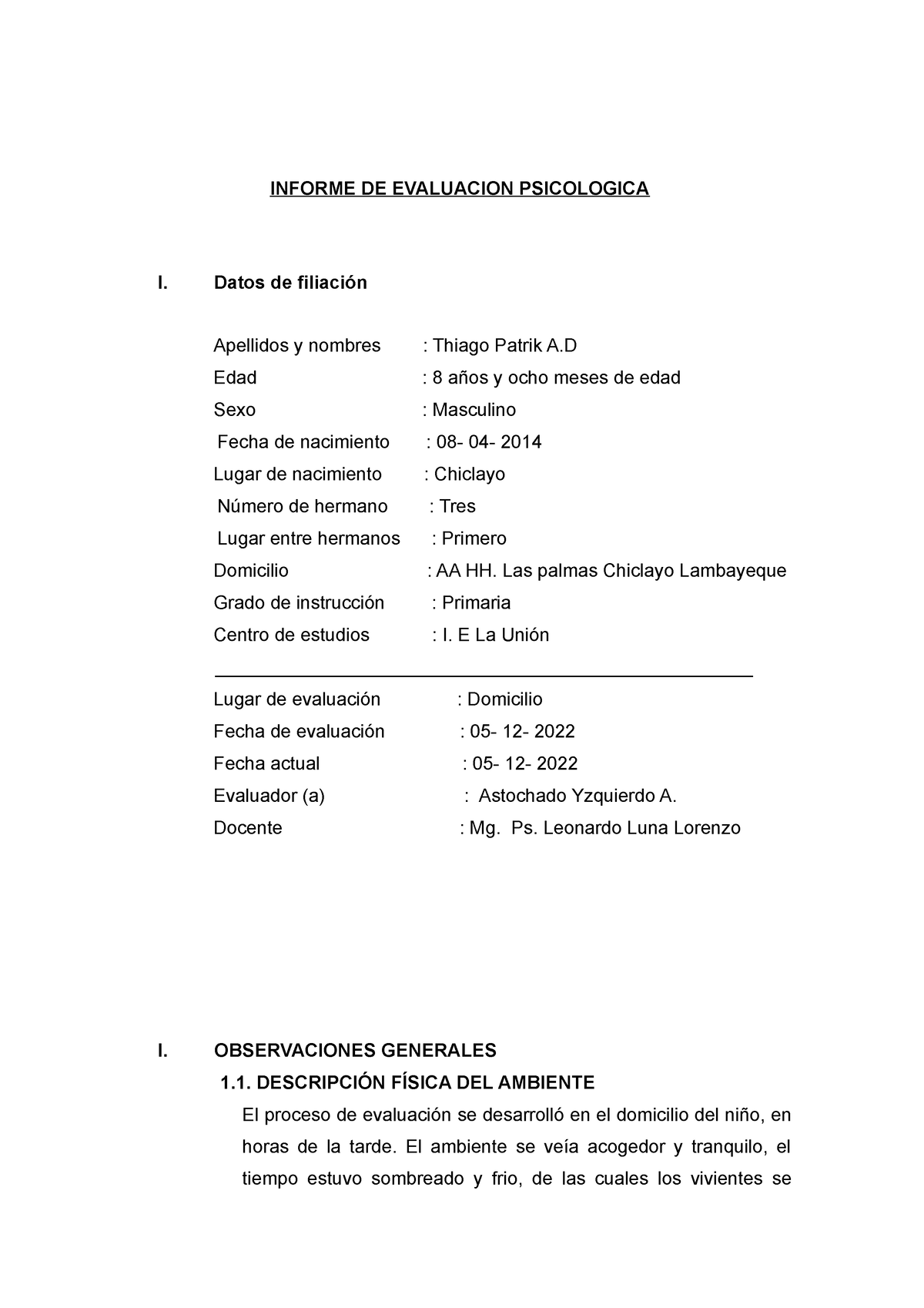 Informe Peabody - INFORME DE EVALUACION PSICOLOGICA I. Datos De ...