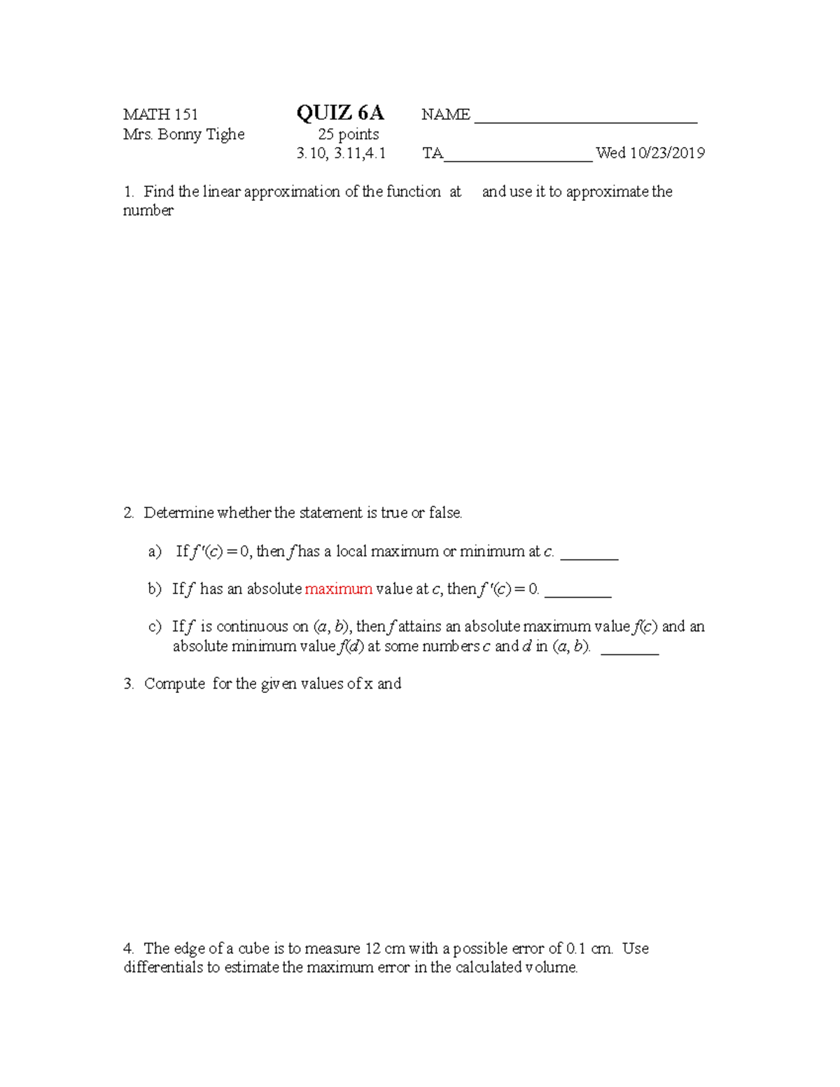 Math 151 Practice Quiz - MATH 151 QUIZ 6A NAME ...