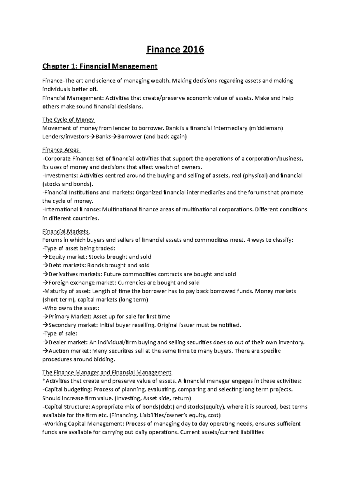 Notes - Finance 2016 Chapter 1: Financial Management Finance-The art ...