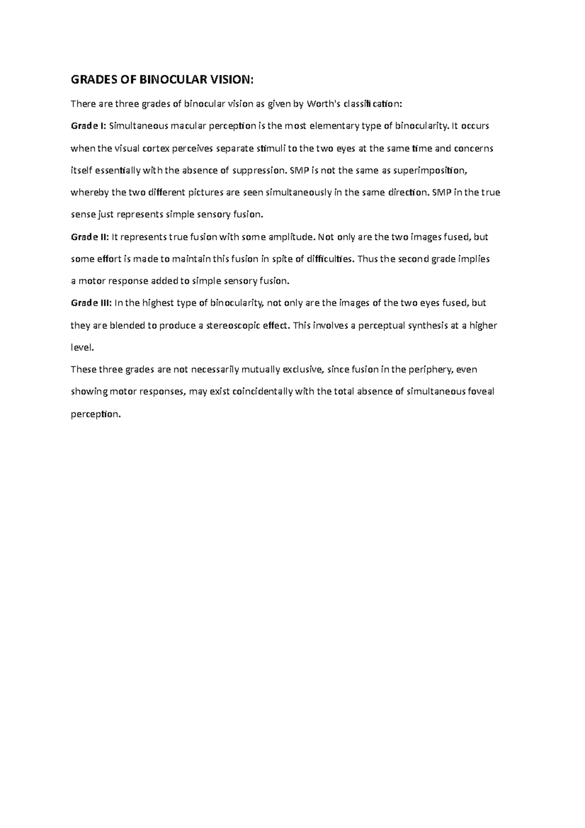 Grades OF Binocular Vision 8 GRADES OF BINOCULAR VISION There are