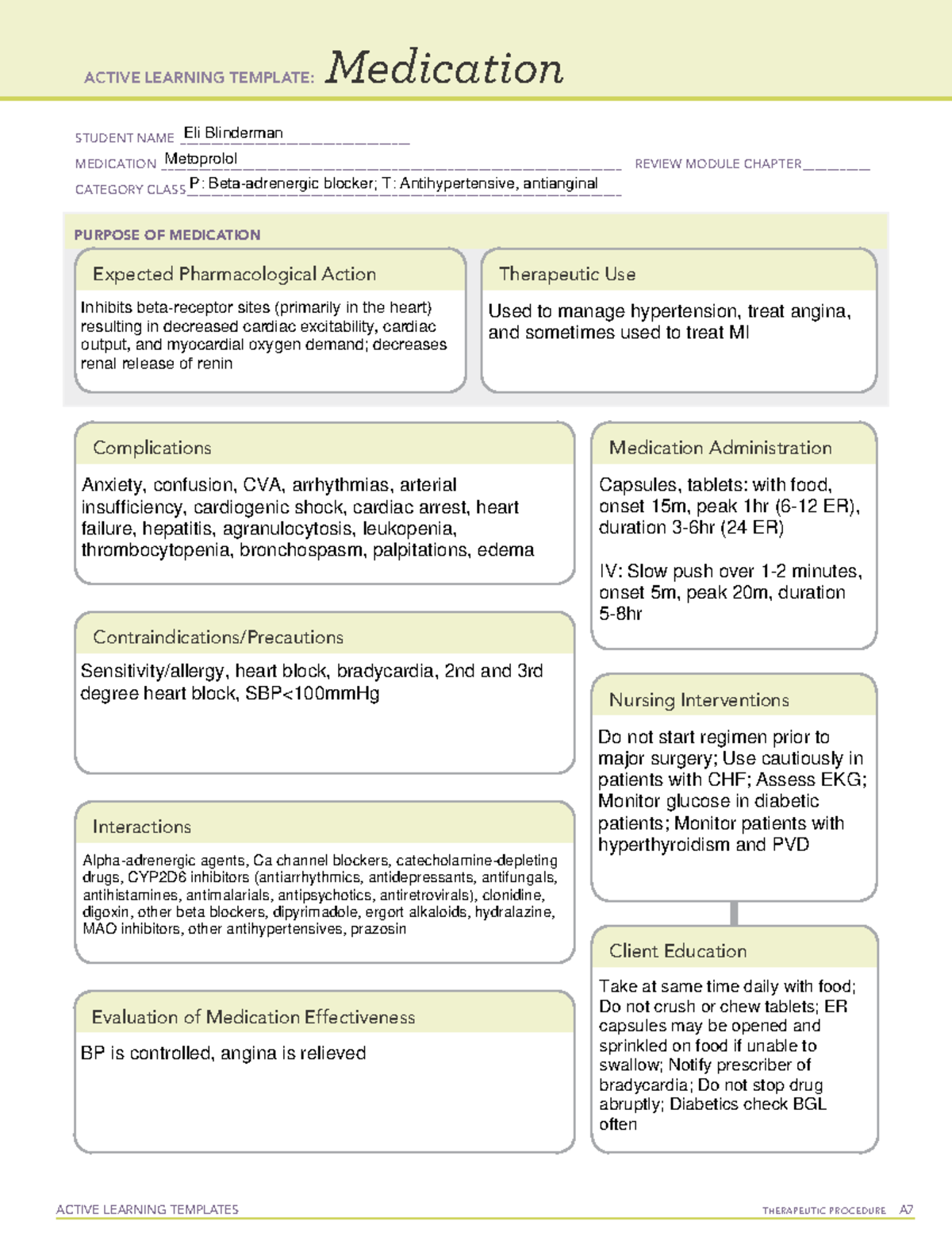 Metoprolol - ACTIVE LEARNING TEMPLATES TherapeuTic procedure A ...