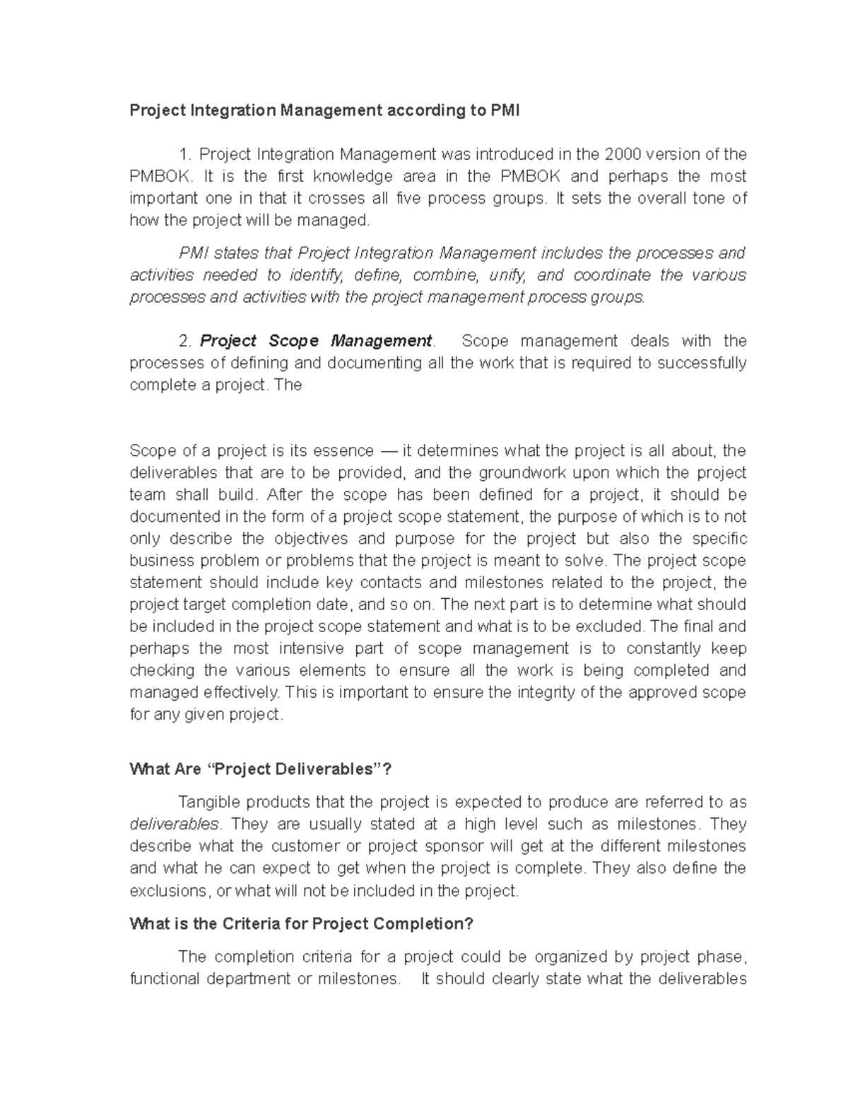 Project Integration Management according to PMI - It is the first ... image.