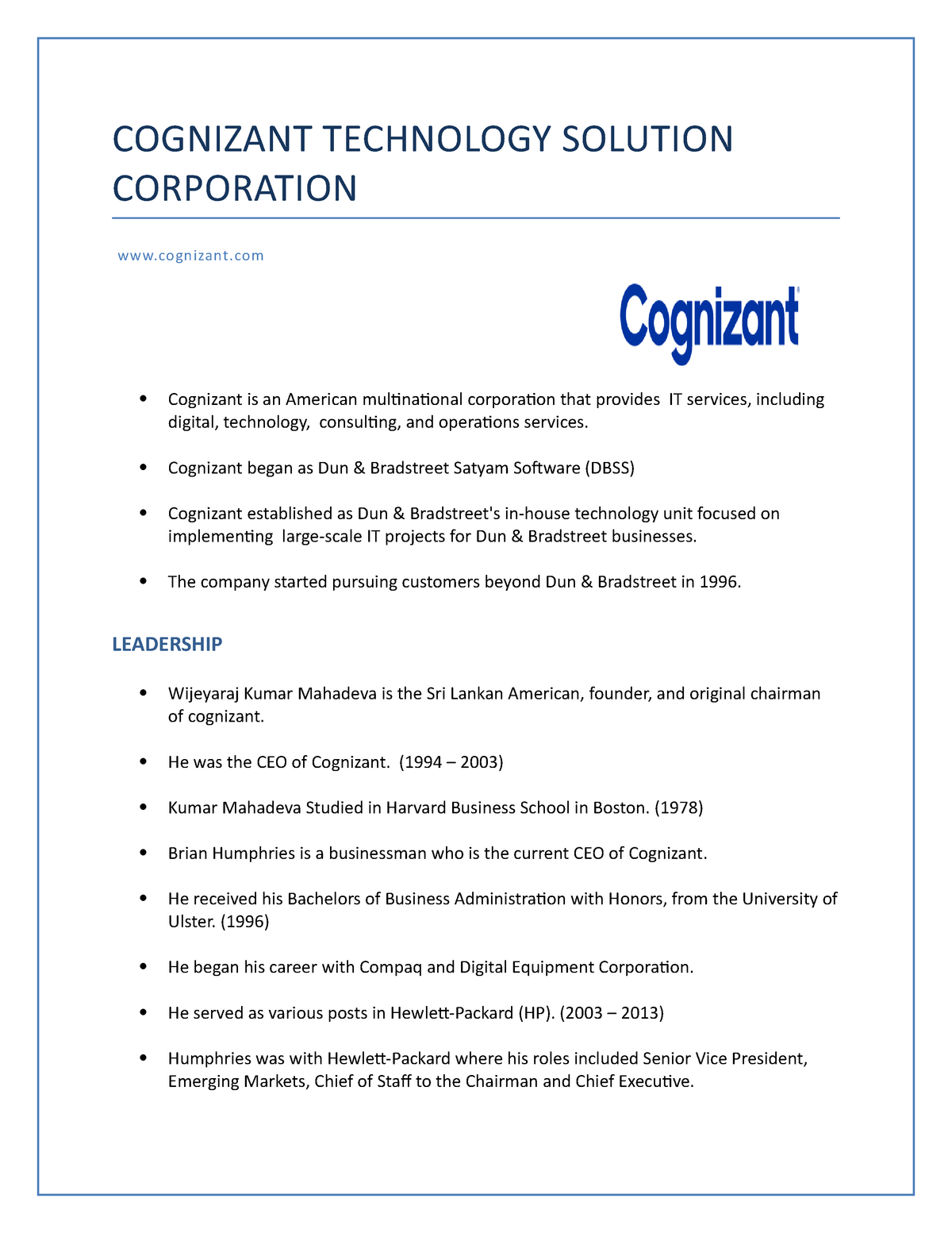 vision statement of cognizant technology solutions