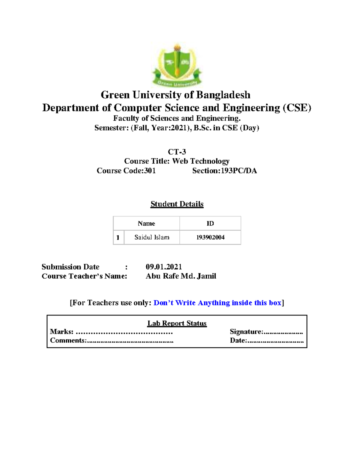 CT-3 193902004 Saidul Islam - Green University of Bangladesh Department ...