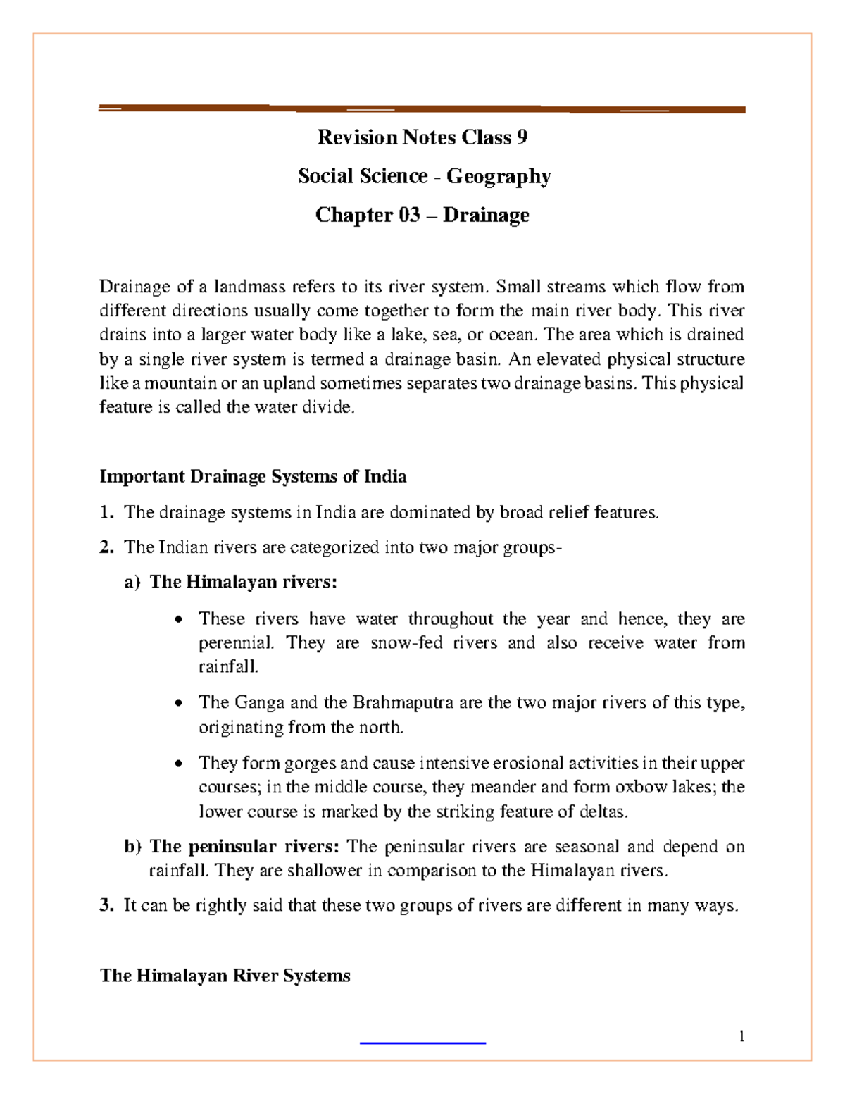 CBSE Class 9 Geography Chapter 3 Notes - Drainage - Revision Notes ...