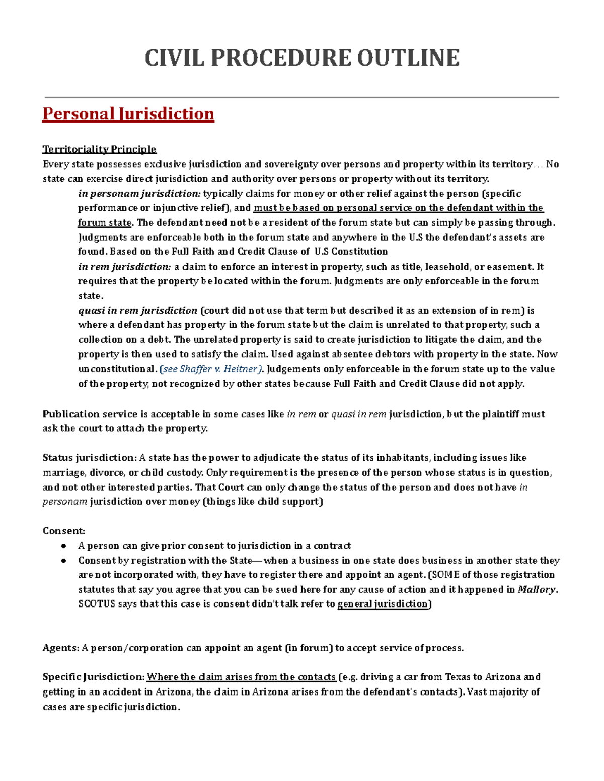 Civ Pro Outline - CIVIL PROCEDURE OUTLINE Personal Jurisdiction ...