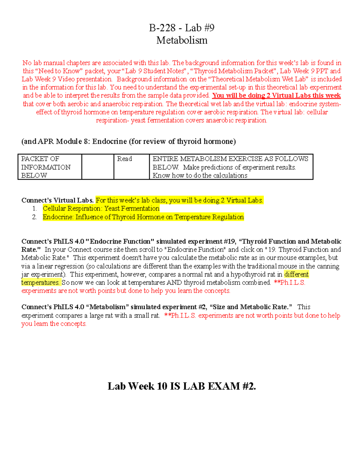 Metabolism and Cellular Respirations Lab Packet Notes and Need to Know ...