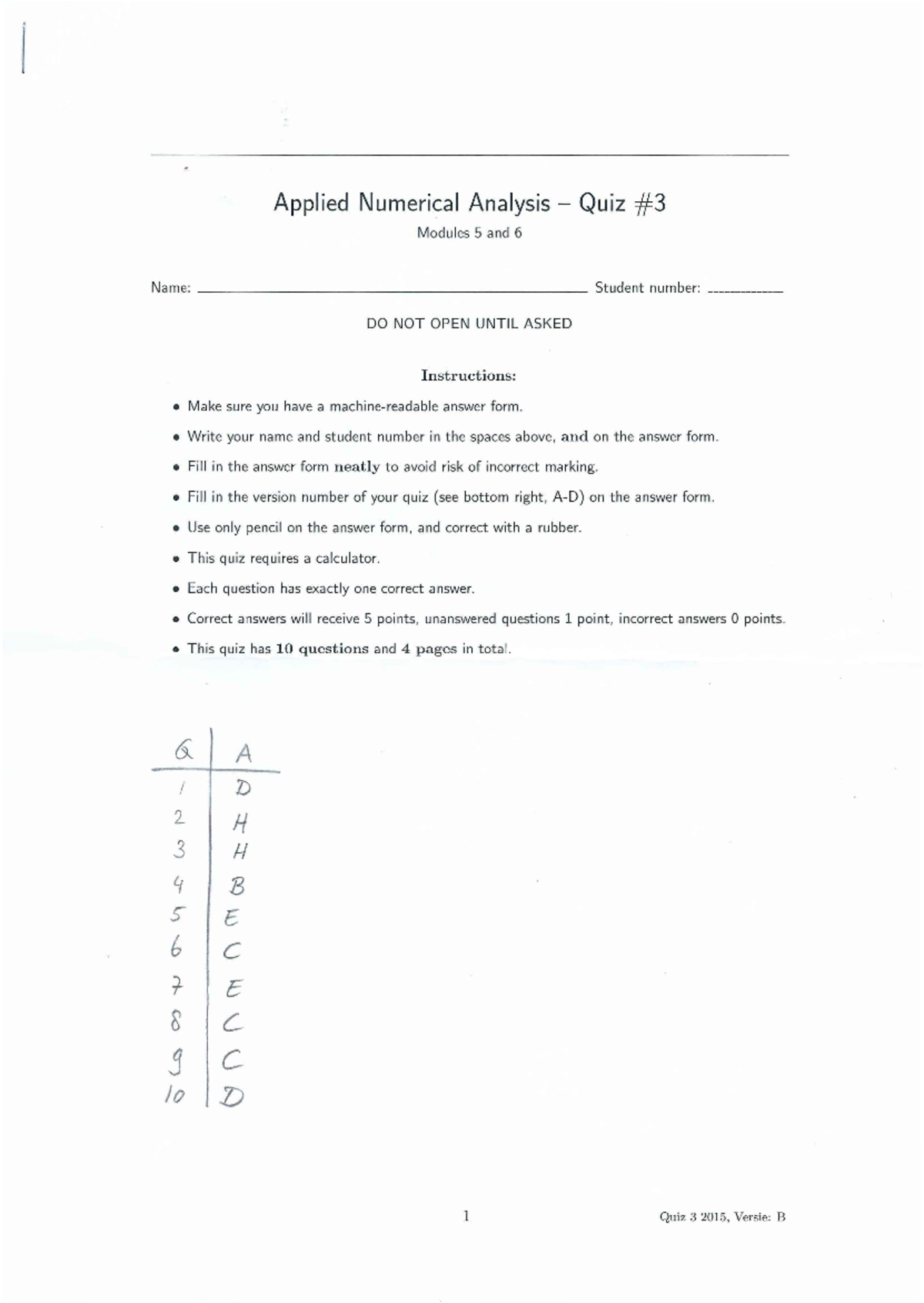 Exam 7 April 2015, Questions and answers Applied Numerical AnalysisQuiz Modules 5 and 6 Name