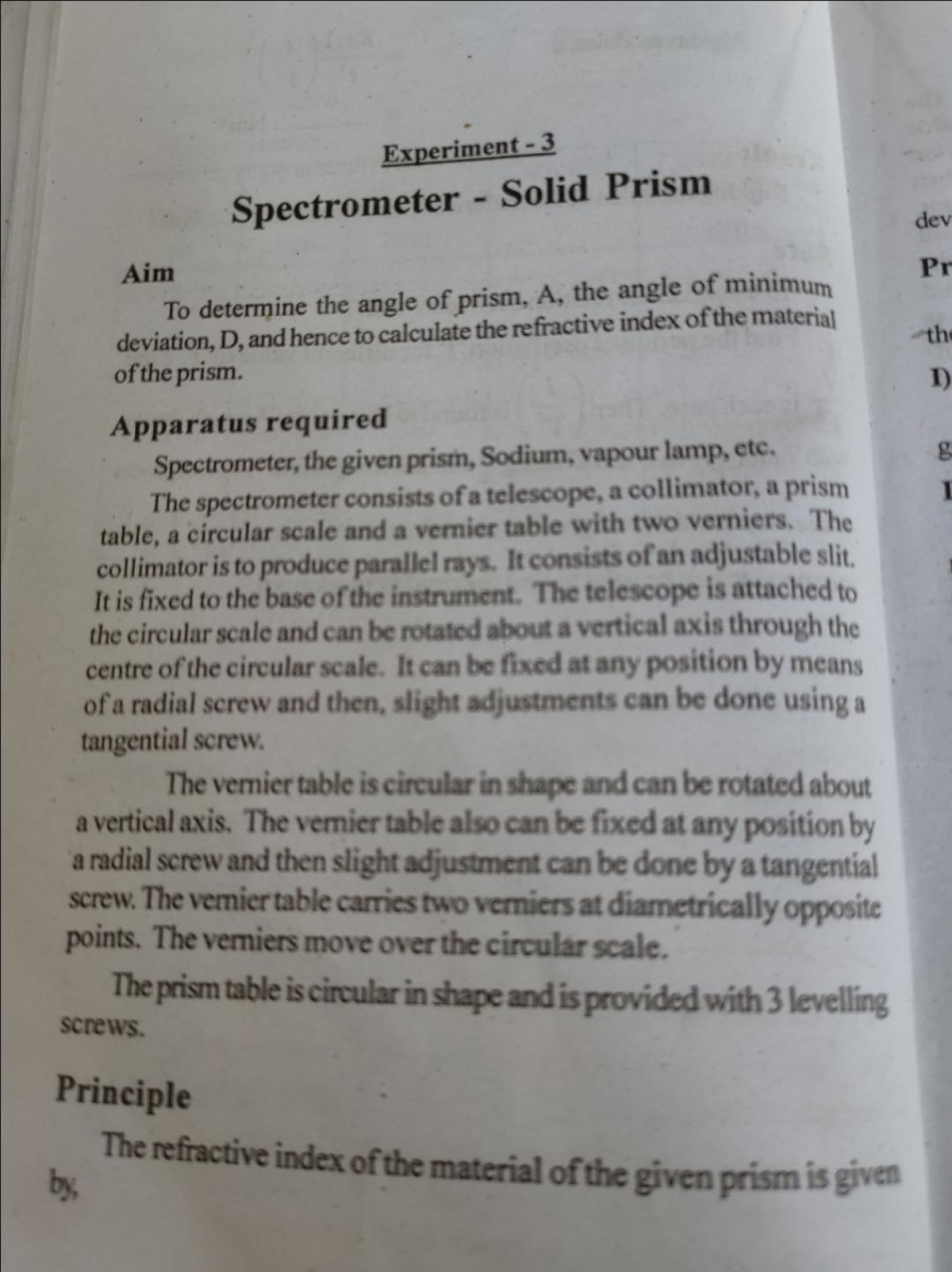 Spectrometer Refractive index of the material of prism Complimentary