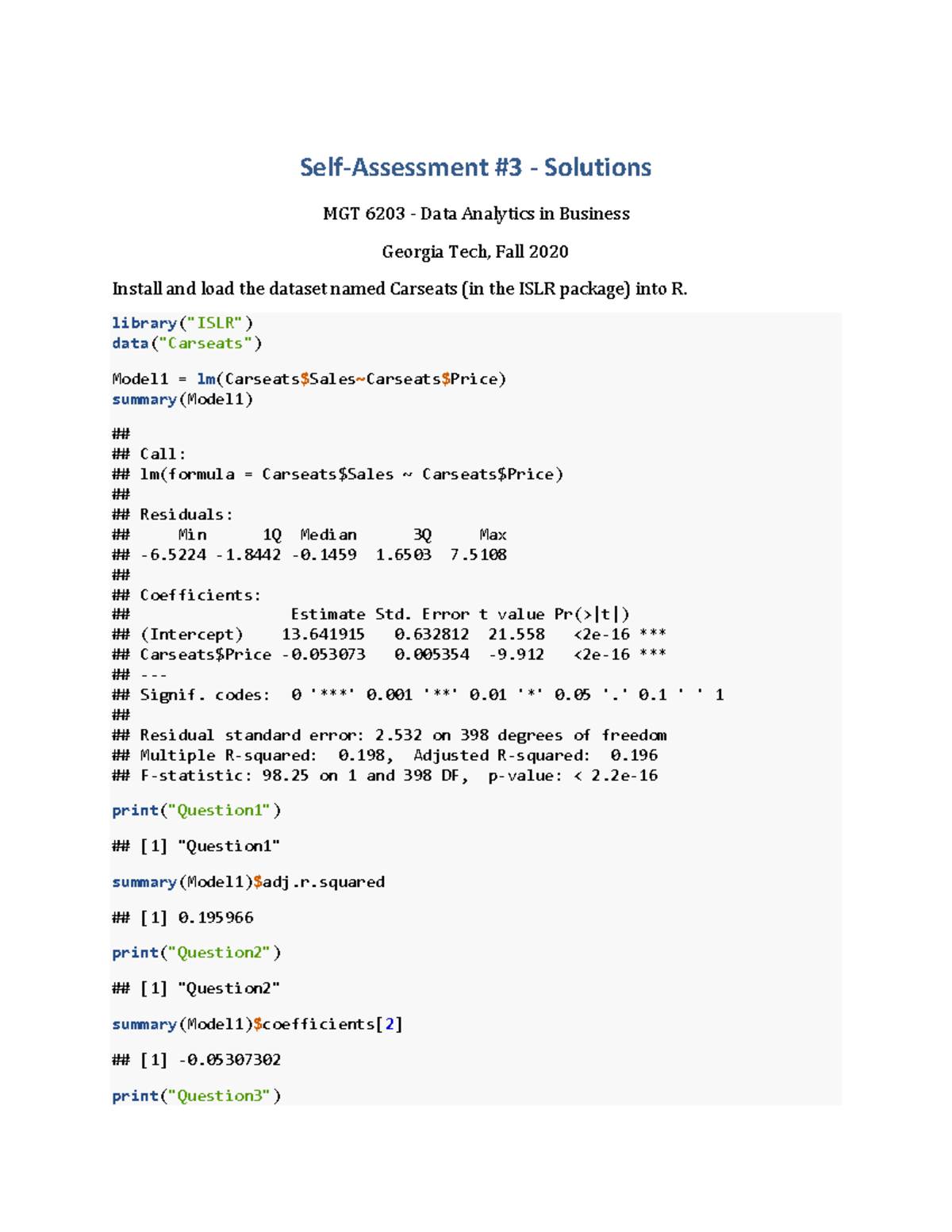 SA3 Solutions - SA3 - Self-Assessment #3 - Solutions MGT 6203 - Data ...