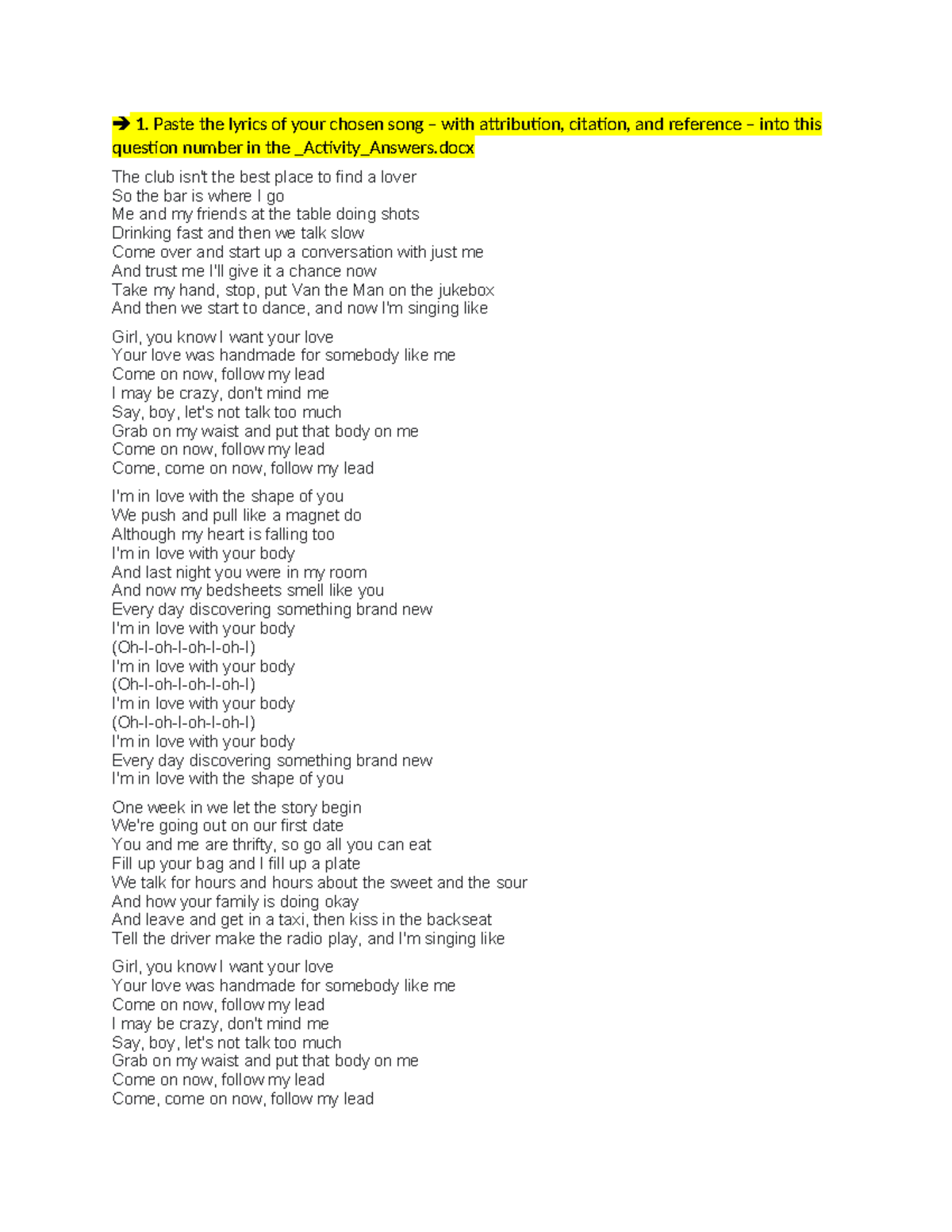 CPR assessment - 1. Paste the lyrics of your chosen song – with ...