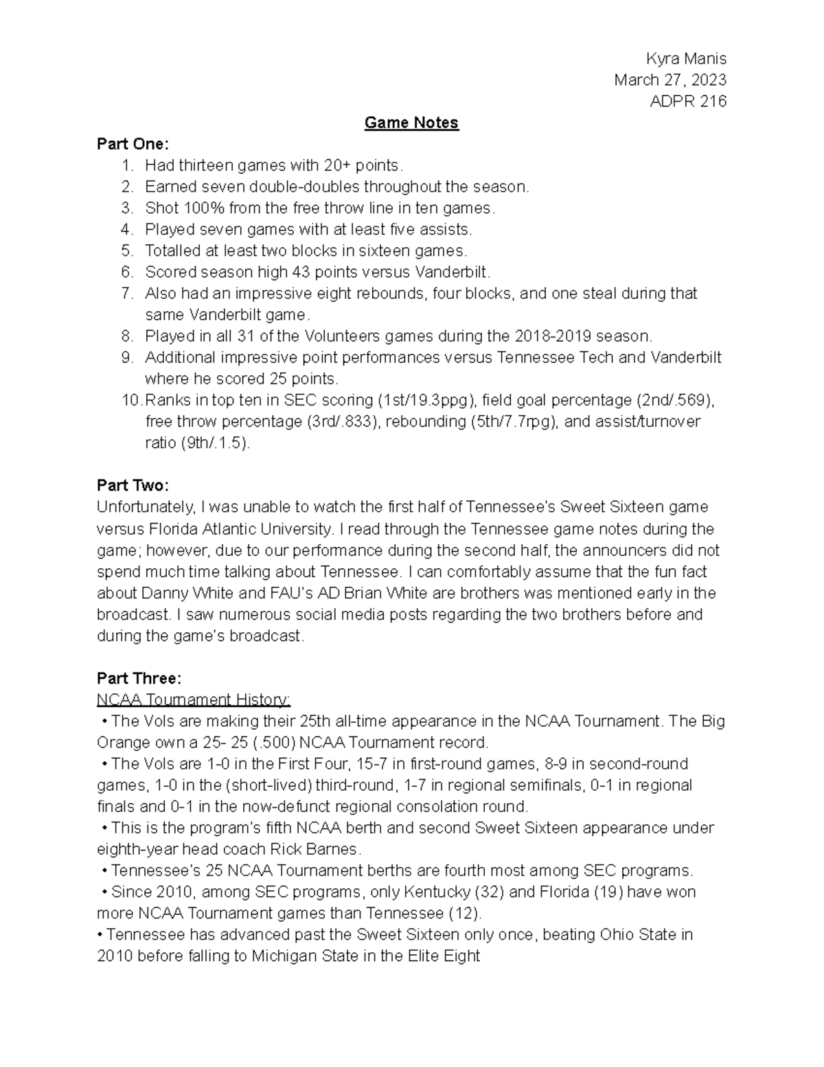 Game Notes Kyra Manis March 27, 2023 ADPR 216 Game Notes Part One