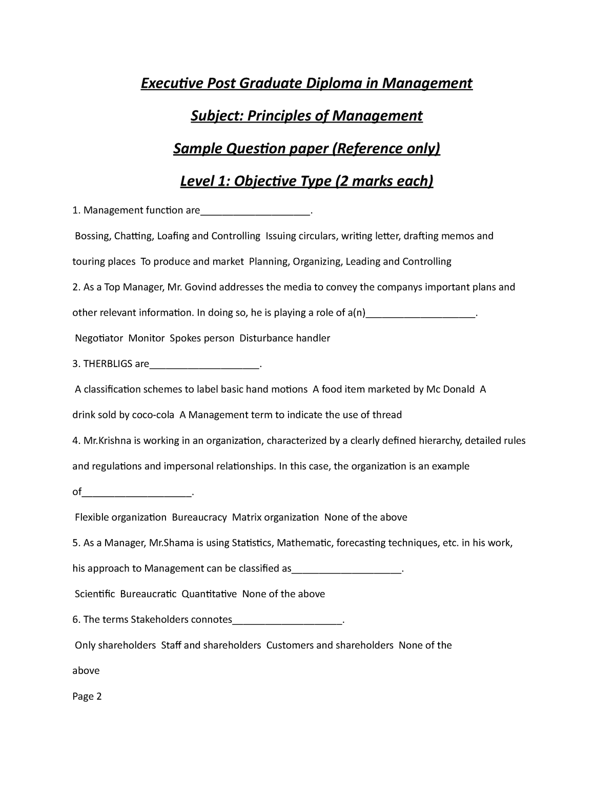 paper - Post Graduate Diploma in Management Subject: Principles of - StuDocu