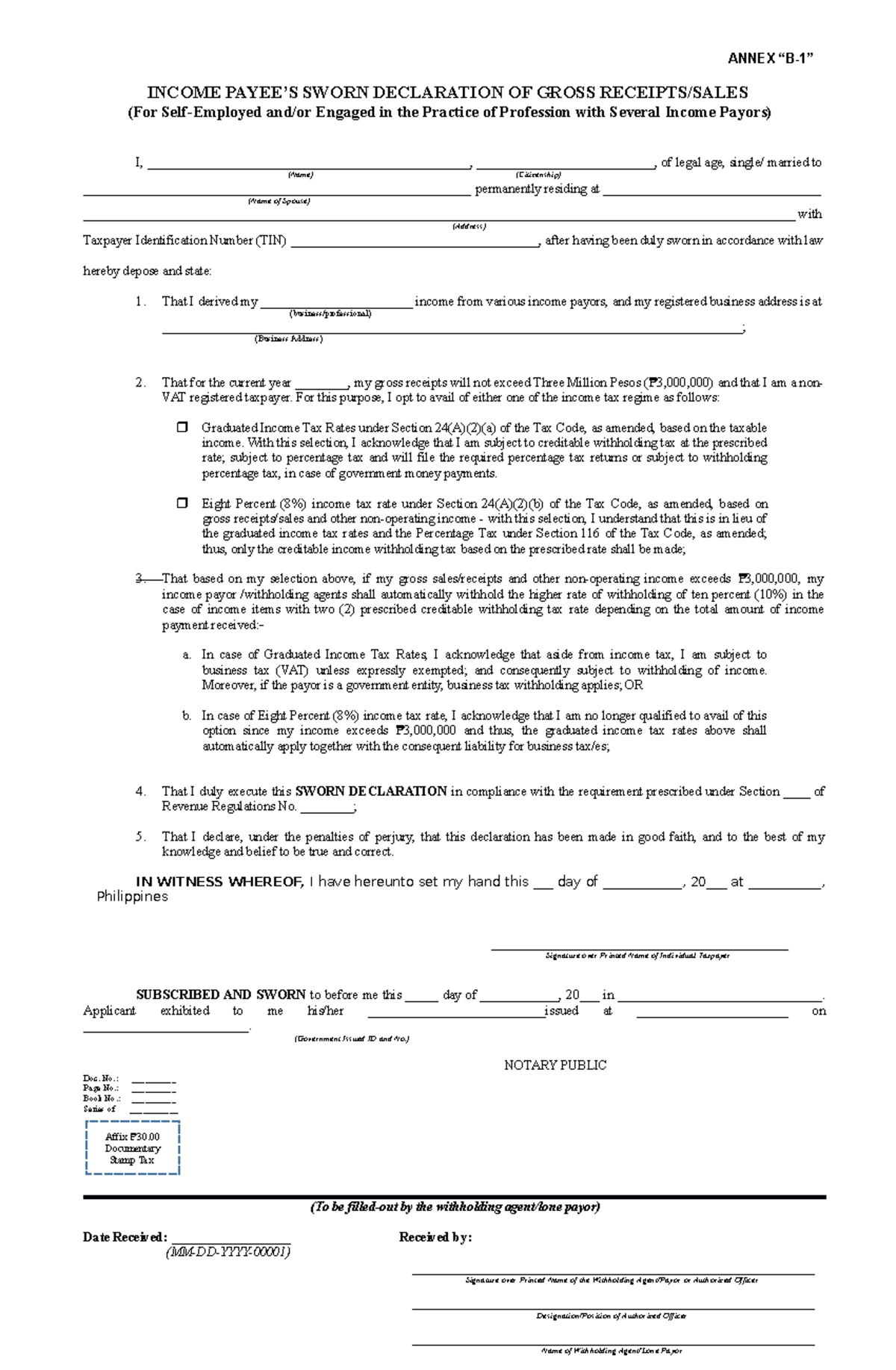 Annex B-1 RR 11-2018 - ANNEX “B-1” INCOME PAYEE’S SWORN DECLARATION OF ...