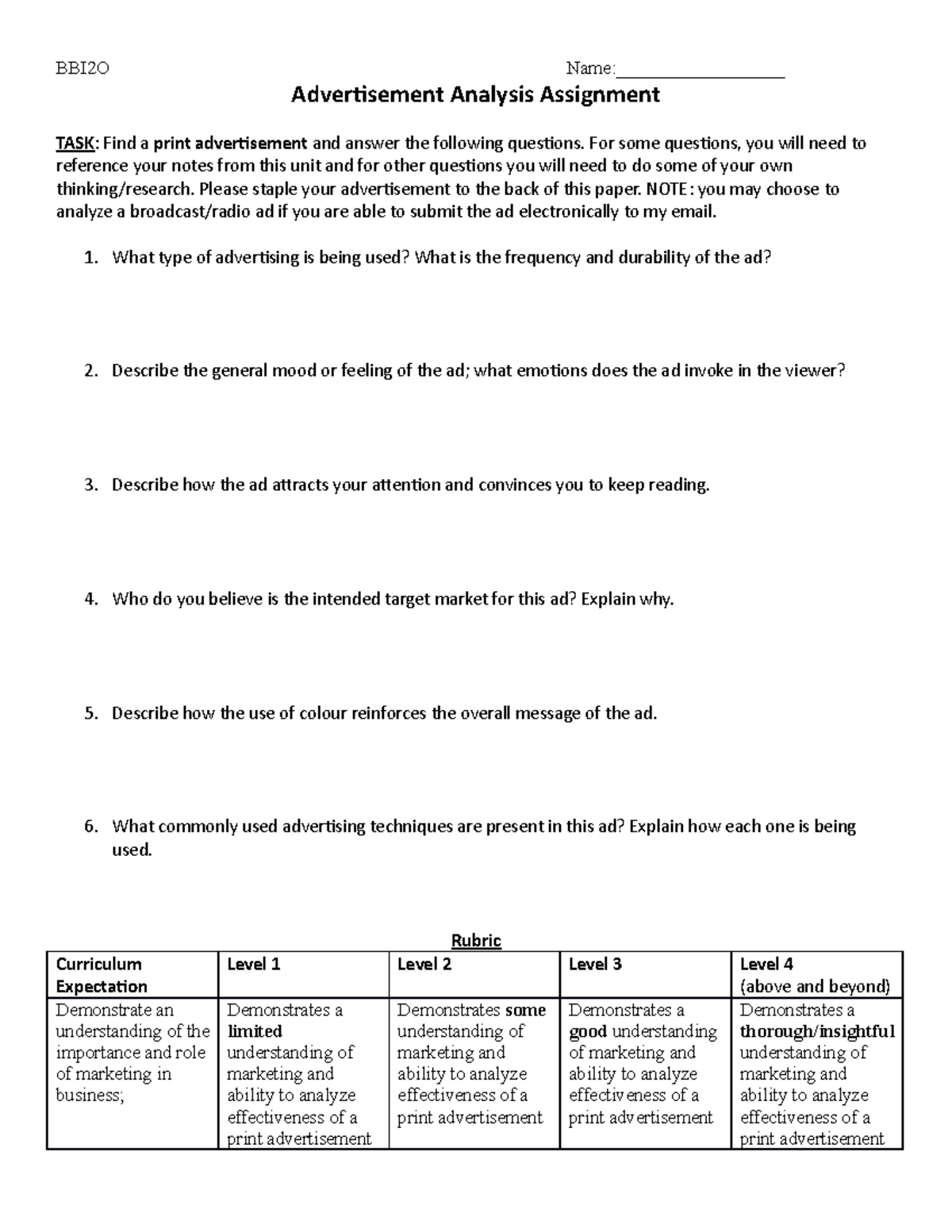 15 - Advertising Analysis Assignment - BBI2O Name ...