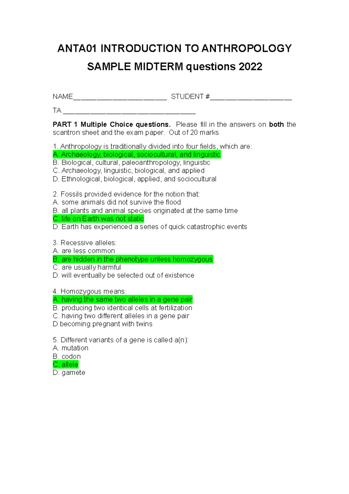 ANTA01 midterm Sample withanswers - ANTA01 INTRODUCTION TO ANTHROPOLOGY ...