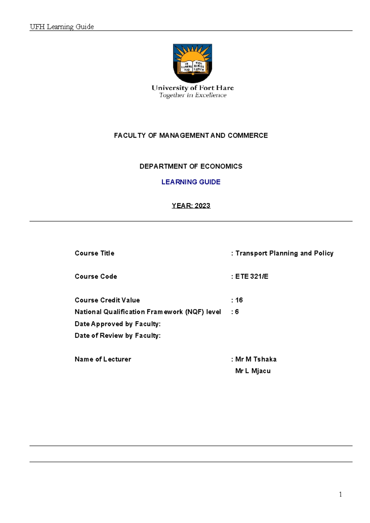 ETE Learning Guide 2023 - FACULTY OF MANAGEMENT AND COMMERCE DEPARTMENT ...