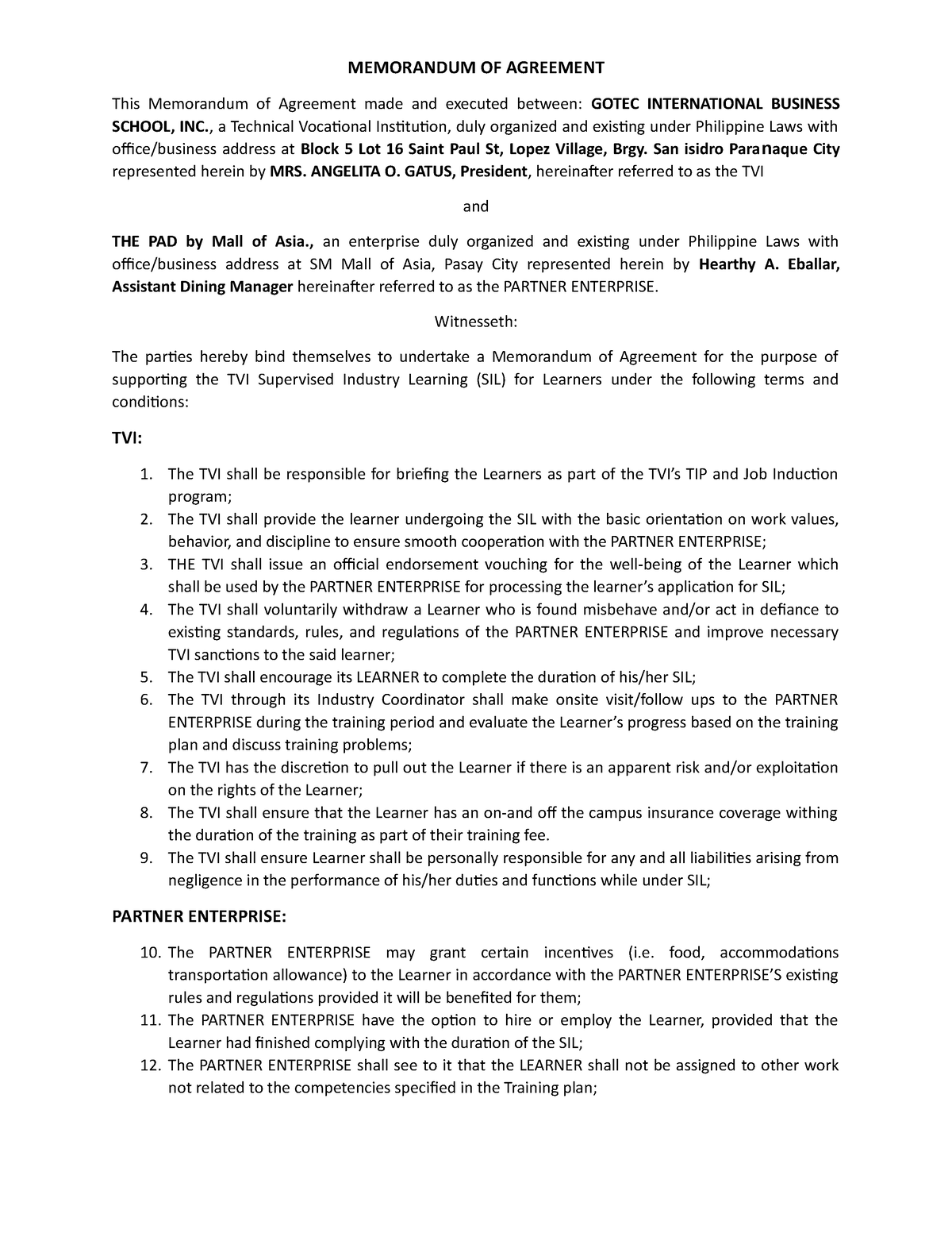 Food and Beverage Services - MEMORANDUM OF AGREEMENT This Memorandum of ...