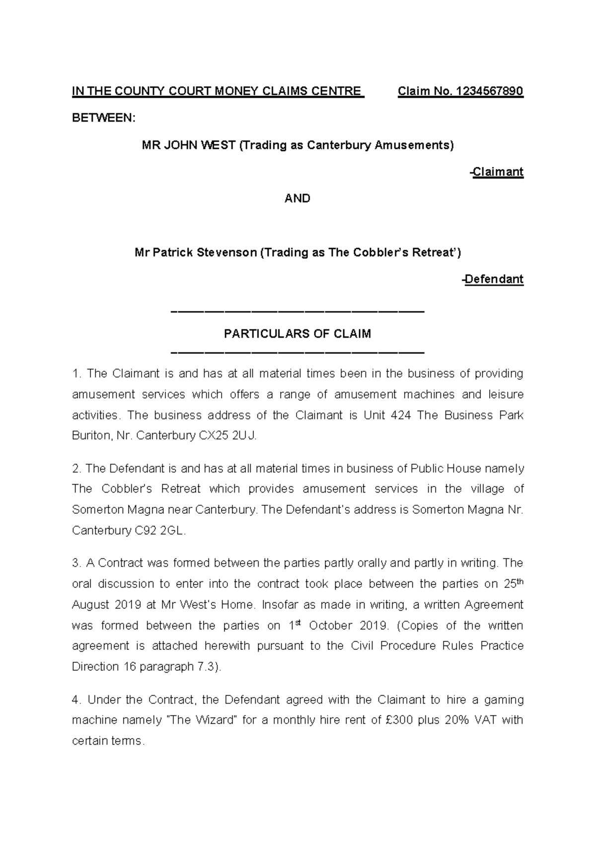 Breach of Contract PoC sample - IN THE COUNTY COURT MONEY CLAIMS CENTRE ...