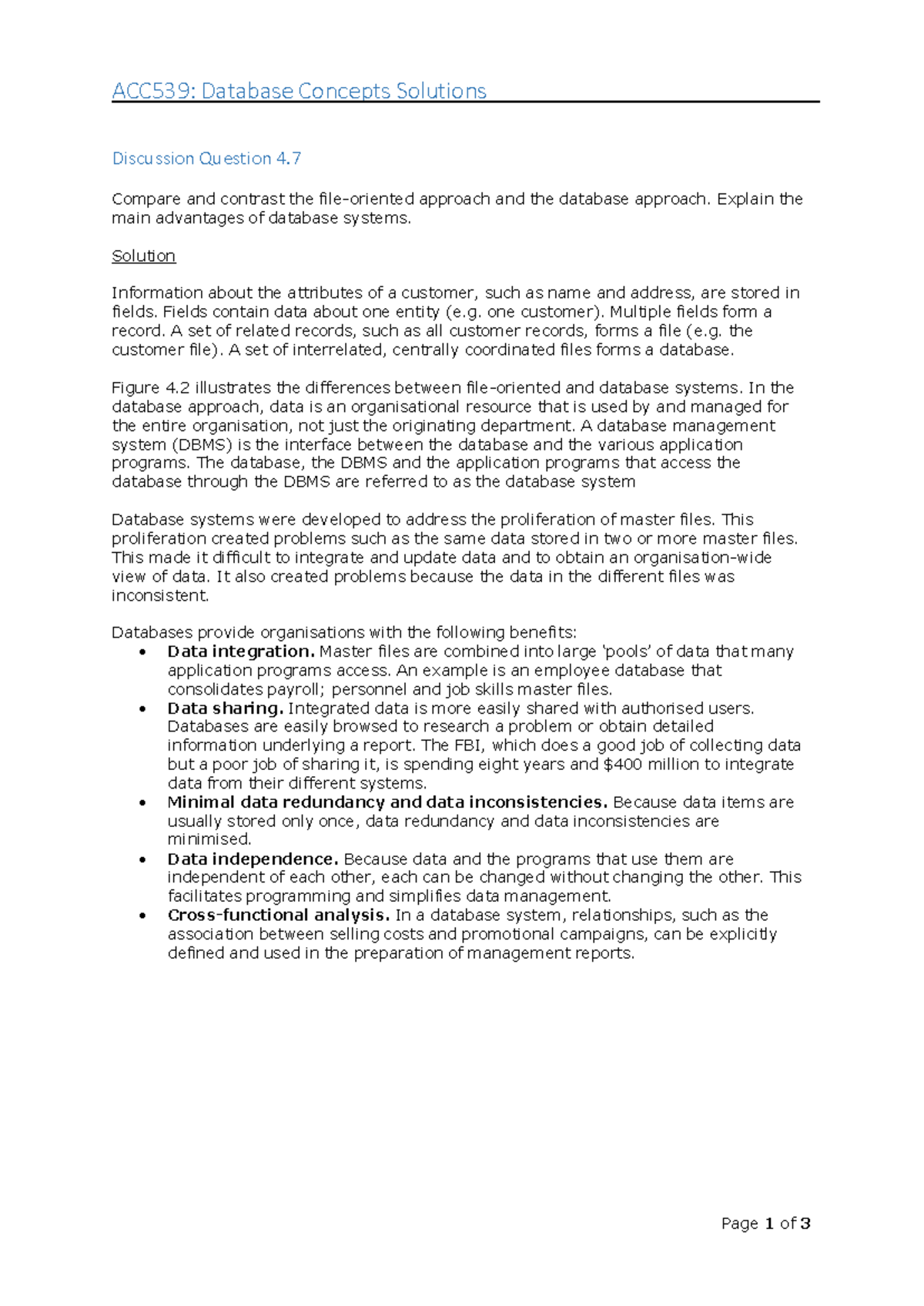 ACC539 Database Concepts Solutions - Compare and contrast the file ...