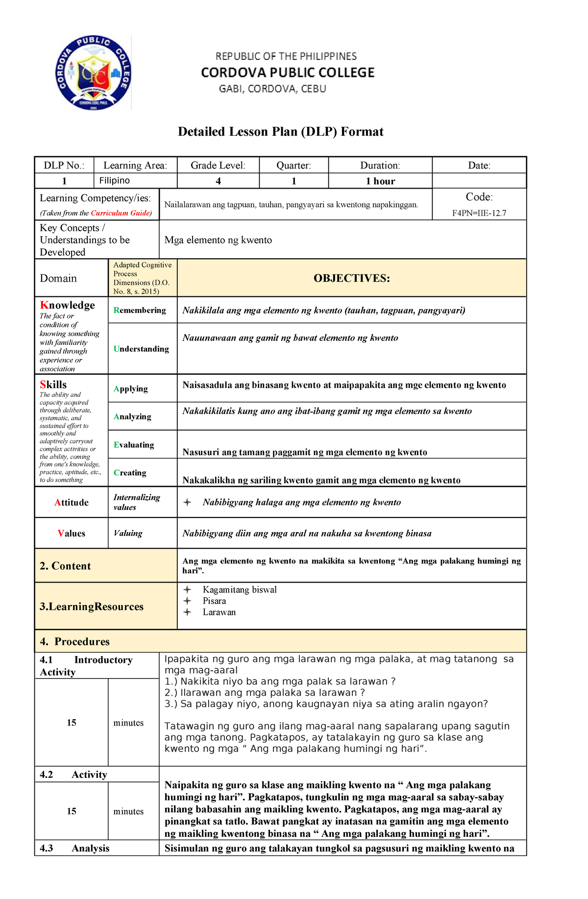 Detailed Lesson Plan Template 1 5 Detailed Lesson Plan Dlp Format Dlp No Learning Area 7606