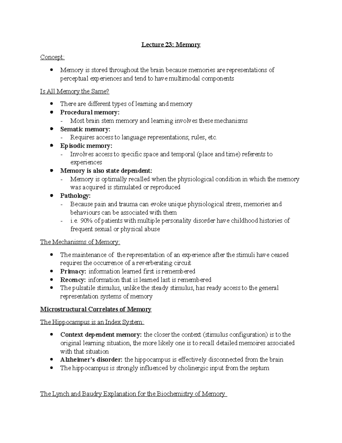 Lecture 23 Notes - Lecture 23: Memory Concept: Memory is stored ...