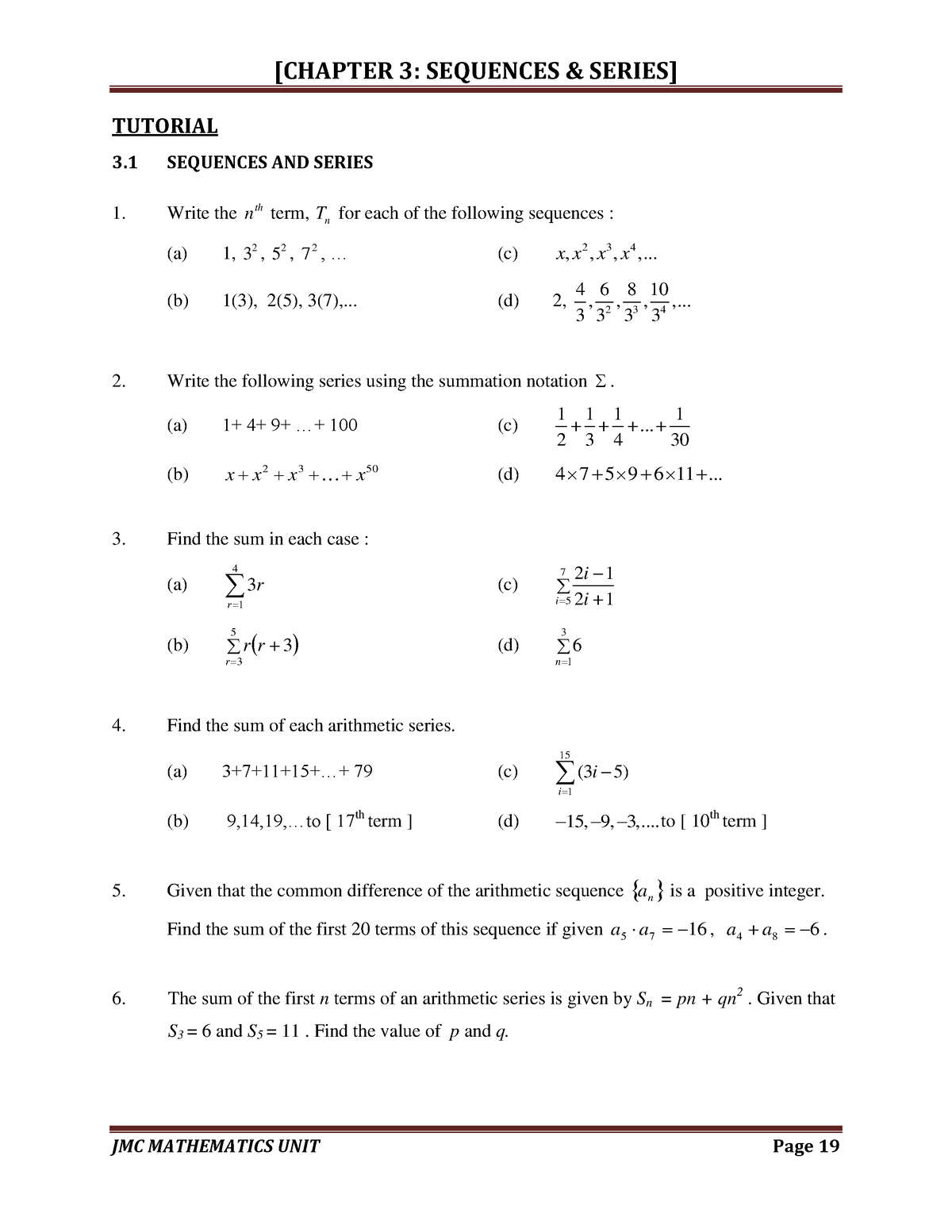 SM015 CHP 3 Sequence - LECTURER NOTES - TUTORIAL 3 SEQUENCES AND SERIES ...