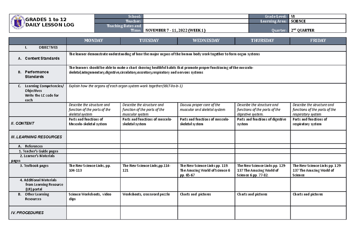 DLL Science 6 Q2 W1 - GRADES 1 to 12 DAILY LESSON LOG School: Grade ...