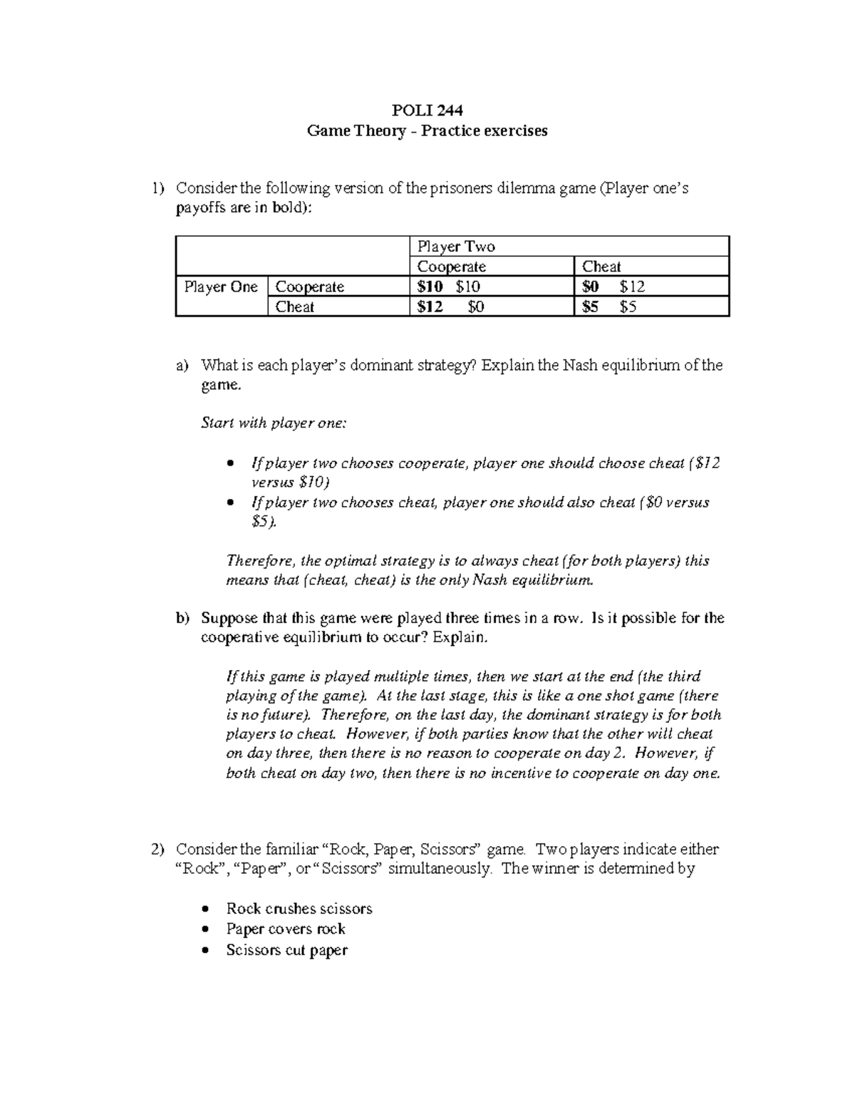 Game theory (practice exercises) - Poli 244 - McGill - Studocu