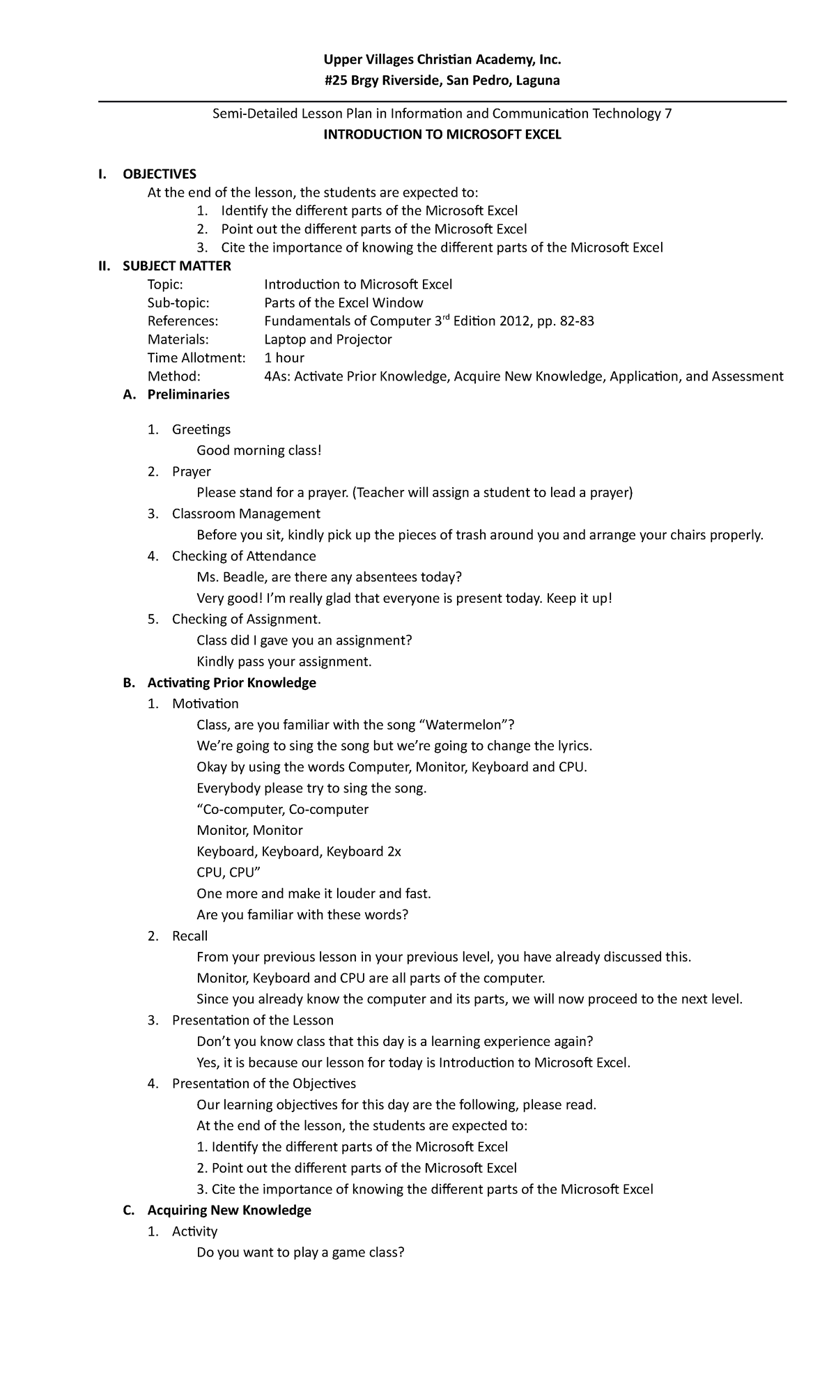 UVCA-LP - Lecture notes 1 - Upper Villages Christian Academy, Inc. #25 ...